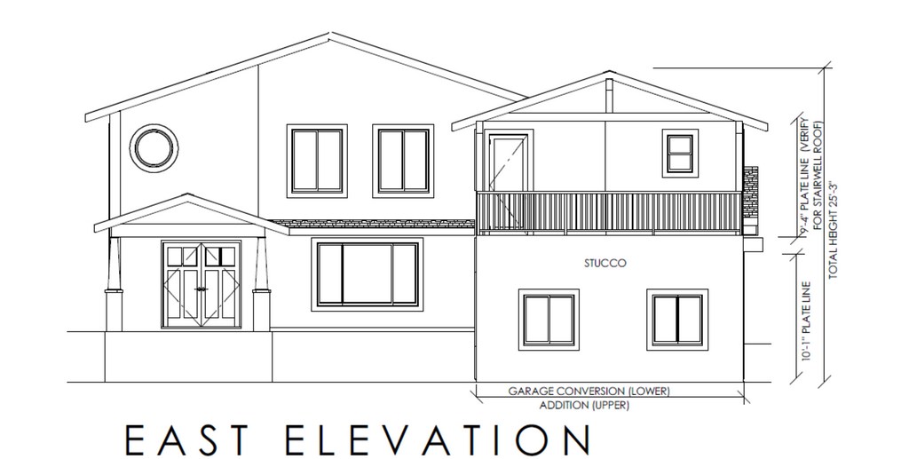 East elevation of garage conversion and second-floor home addition