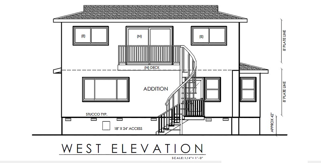 Architectural west elevation showing second-story addition with exterior deck and stair access.