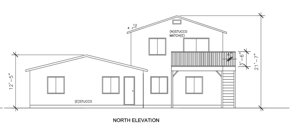 North elevation blueprint showing ADU balcony and exterior stairway