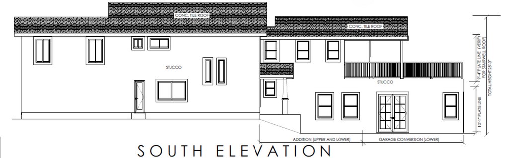 South elevation blueprint showing the upper and lower home addition beside the converted garage, exterior doors, windows, and deck railing.