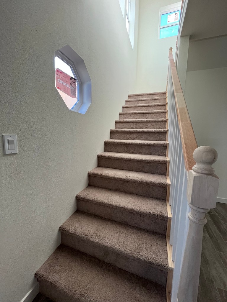 Carpeted staircase with railing