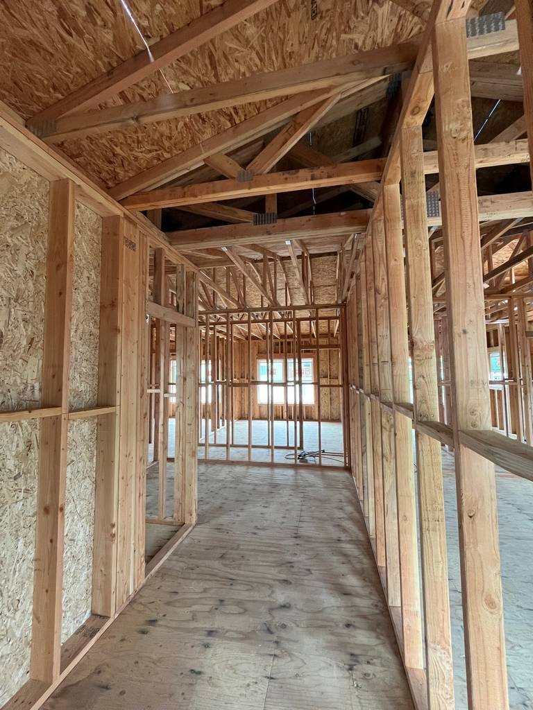 Second-story framing in progress with plywood sheathing, installed windows, and temporary ladder access.
